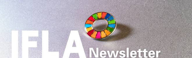 Picture of the SDG logo in as a pin. Text: IFLA newsletter
